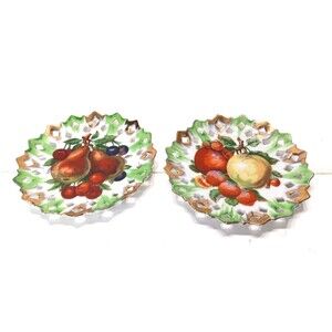 Two ArtMark Hand Painted Fruit Pattern Lattice Sawtooth Edge Vintage Wall Plates